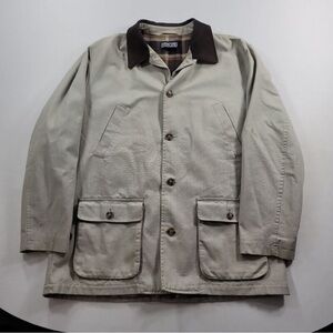 Lands End Barn Coat Mens XL Tall XLT 46-48 Tan Chore Field Jacket Leather Trim